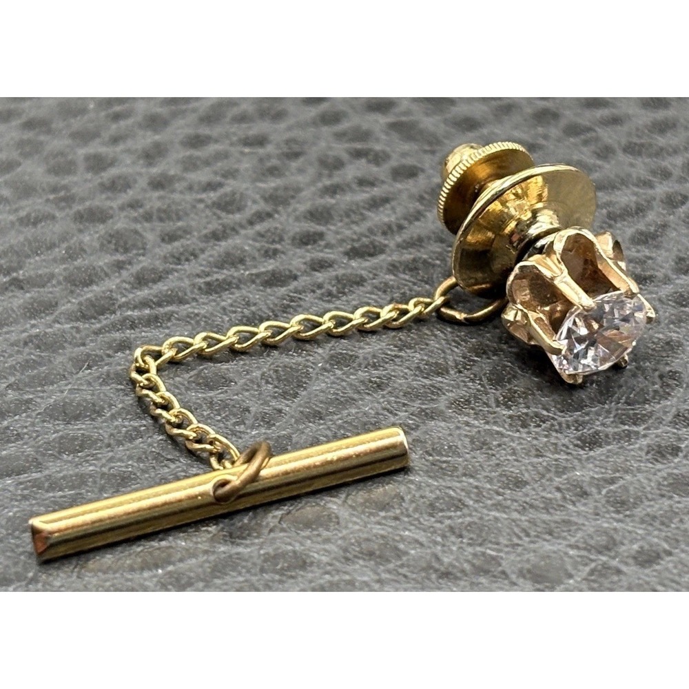 VTG 10K Yellow Gold Setting Tie Tack Large Sparkling Cubic Zirconia Solitaire